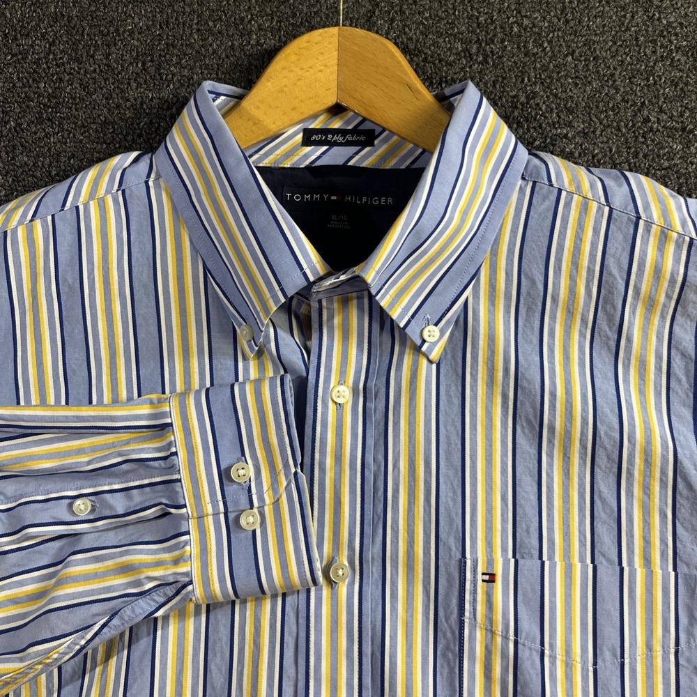 Tommy Hilfiger Mens XL Striped Button Down Shirt Blue Yellow 80s 2-Ply Fabric - Picture 4 of 8